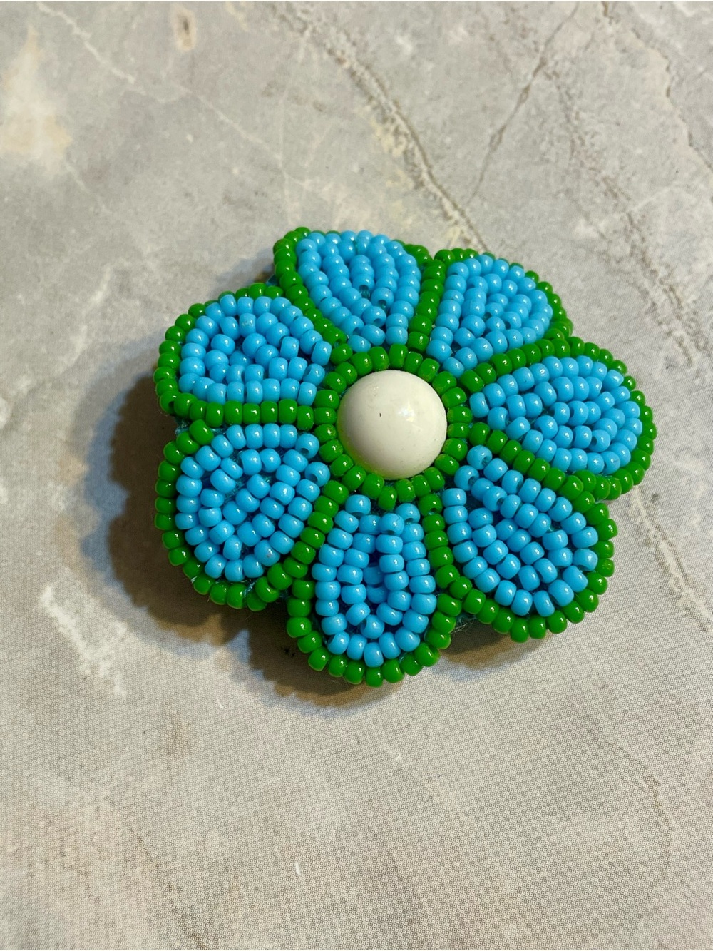 Banana Republic Blue and Green Beaded Flower Brooch Pin with White Center